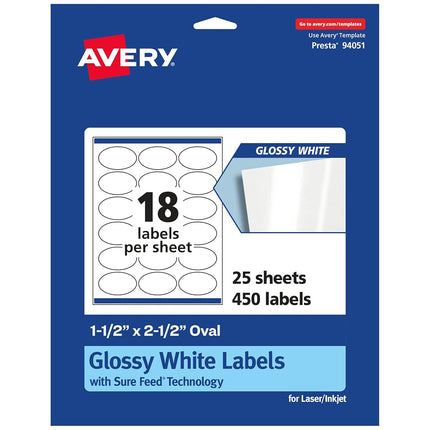 Avery Glossy White Oval Labels with Sure Feed, 1.5" x 2.5", 450 Glossy White Labels, Permanent Label Adhesive, Laser/Inkjet Printable Labels
