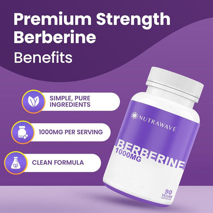 Nutrawave PURE Berberine MAXIMUM POTENCY 1000mg per Serving (2 capsules 500mg each) Non-GMO, Vegan, Gluten Free. 90 Easy to Swallow Capsules