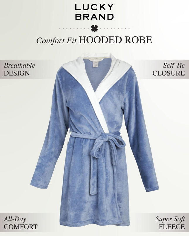 Robe de Chambre Femme Lucky Brand en Polaire avec Col Châle, Ceinture et Capuche, Bleu, Très Grande Taille