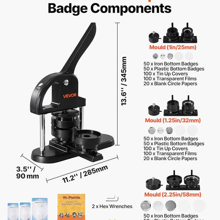 VEVOR Button Maker Machine, 1/1.25/2.28 inch(25/32/58mm) 3-in-1 Pin Maker, Installation-Free Badge Punch Press Kit, Button Making Supplies with 300pcs Button Parts, Circle Cutter, Magic Book