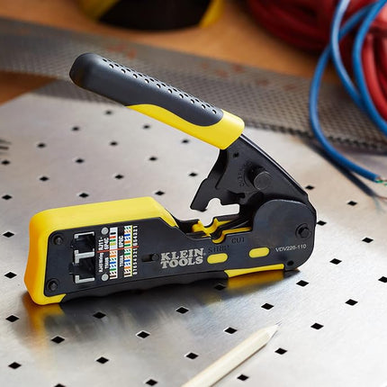 Klein Tools VDV226-110 Ratcheting Modular Data Cable Crimper/Wire Stripper/Wire Cutter for RJ11/RJ12 Standard, RJ45 Pass-Thru Connectors