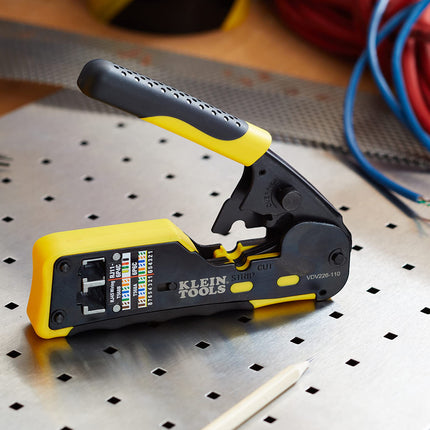 Klein Tools VDV226-110 Ratcheting Modular Data Cable Crimper/Wire Stripper/Wire Cutter for RJ11/RJ12 Standard, RJ45 Pass-Thru Connectors