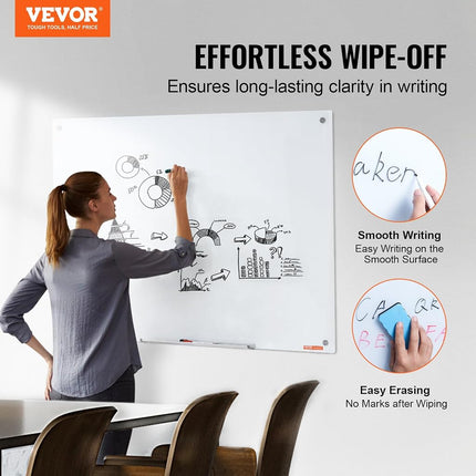 VEVOR Magnetic Glass Writing Board, Erasable 48"x32", Frameless Wall Hanging White Glassboard, Includes Marker Holder, an Eraser, and 2 Writing Pens, White