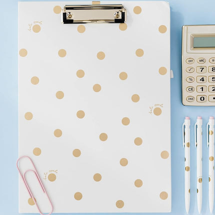 Kate Spade New York A4 Clipboard Folio with Low Profile Clip, Professional Padfolio Includes Lined Notepad, Pen Loop, and Pocket, Gold Dot with Script