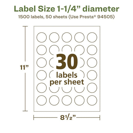 Avery EcoFriendly Matte White Recycled Round Labels, 1.25" Diameter, Print-to-The-Edge, Matte White Labels, Permanent Adhesive, Laser/Inkjet Printable, 1,500 Total