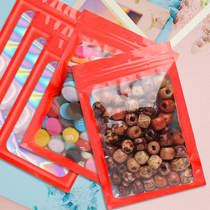 Funfery 100pcs Red Mylar Holographic Bags-Resealable Zipper&Clear Window