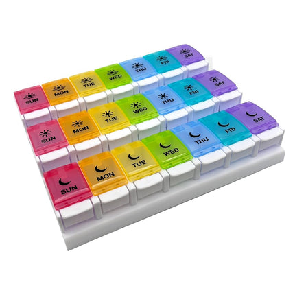 EZY DOSE Weekly (7-Day) Pill Case, Medicine Planner, Vitamin Organizer Box, Daily Planner, Push Button Compartments, Convenient and Easy to Use, 3 Times a Day, Rainbow Lids, BPA Free