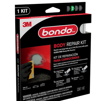 Bondo Body Repair Kit Ready Mix Pouches, Repairs One Large Hole Up to 3" with Patch, 1 Original Filler & Hardener, 1 Fiberglass Filler & Hardener, 1 Self-Adhesive Body Patch, 1 Spreader (BRKIT-2PK-ES)