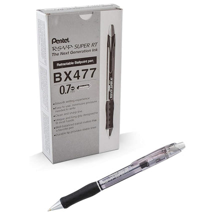 Bolígrafo Pentel RSVP Super RT, línea fina (0,7 mm), tinta negra, caja de 12 (BX477-A)