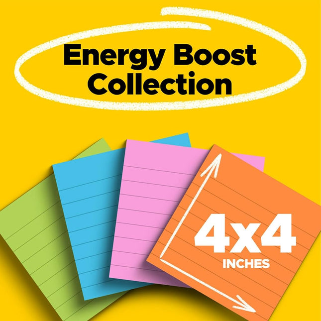 Post-it Super Sticky Notes, 4x4 in, 4 Pads, 2X The Sticking Power, Energy Boost Collection, Bright Colors, Recyclable (675-4SSUC)