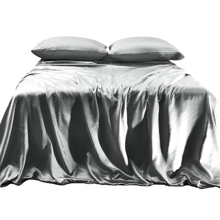 Parure de lit 4 pièces luxueuse en satin soyeux, élégante et confortable, douce pour la peau et les cheveux, infroissable, résistante à la décoloration et aux taches avec drap-housse à poches profondes, fraîche et douce, en satin, Gris, Lit simple