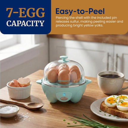 Elite Gourmet EGC007M# Rapid Egg Cooker, 7 Easy-To-Peel, Hard, Medium, Soft Boiled Eggs, Poacher, Omelet Maker, Auto Shut-Off, Alarm, 16-Recipe Booklet, BPA-Free, Mint, 7 Egg