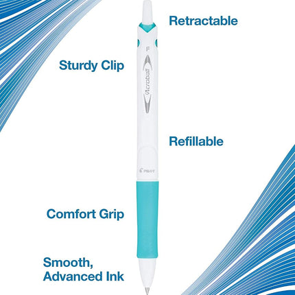 Pilot Acroball PureWhite Advanced Ink Refillable & Retractable Ball Point Pens with Silver Accents, Fine Point, Black Ink, 14-Pack (14694)