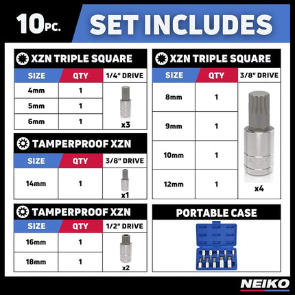 Neiko 10056A XZN Triple Square Spline Bit Socket Set, S2 Steel | 10-Piece Set Metric 4mm – 18mm