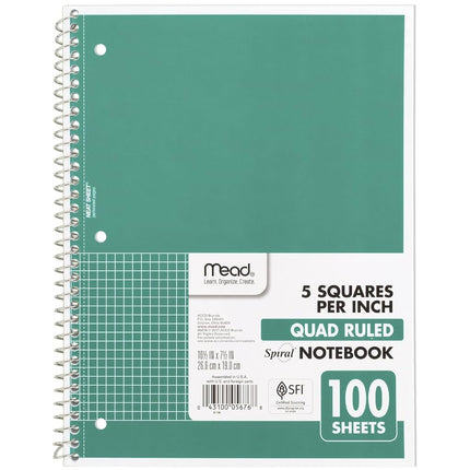 Mead Spiral Notebook, 1-Subject, Graph Ruled Paper, 10-1/2" x 8", 100 Sheets, Green (05676AC5)