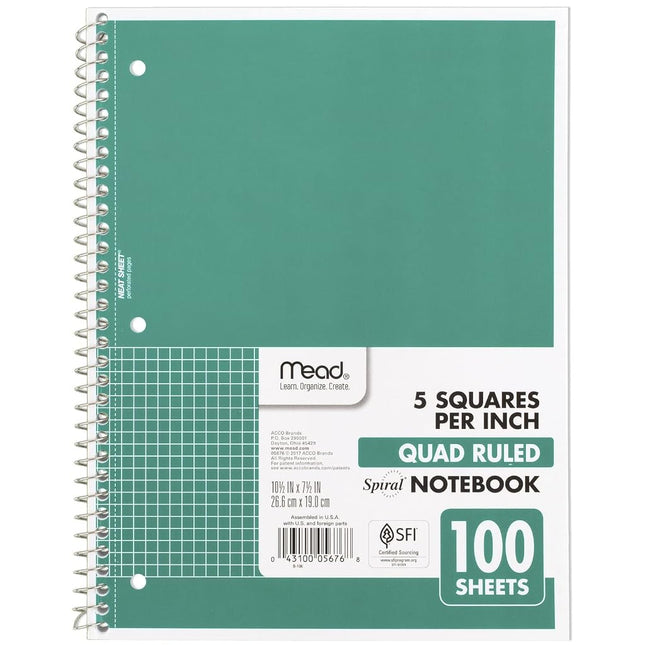 Mead Spiral Notebook, 1-Subject, Graph Ruled Paper, 10-1/2" x 8", 100 Sheets, Green (05676AC5)