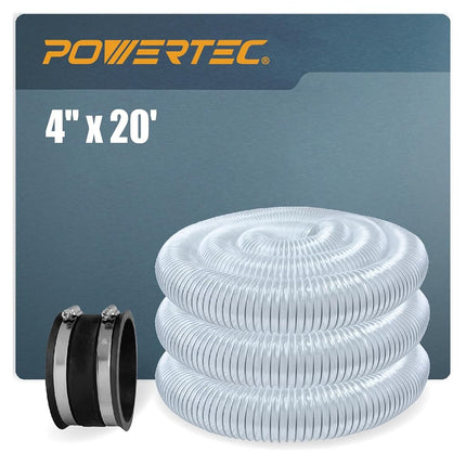 POWERTEC 4" x 20' Dust Collection Hose with Dust Control Flex Cuff with Steel Clamps for Table Saw, Band Saw, Planer, Jointer, Woodworking and Wood Shop Dust Collection System (70388)
