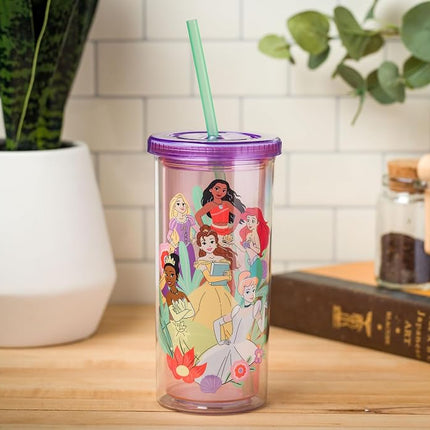 Silver Buffalo Disney Princess Fun and Bold Group Floral Plastic Tall Cold Cup w/Lid and Straw, 20 Ounces