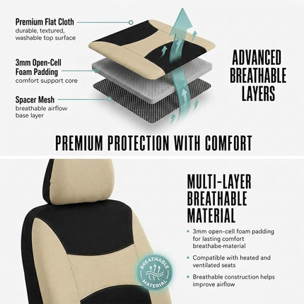 FH Group FB030BEIGEBLACK115-COMBO Seat Cover Combo Set with Steering Wheel Cover and Seat Belt Pad (Airbag Compatible and Split Bench Beige/Black)