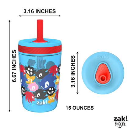 Vasos Kelso de Zak Designs de Sonic The Hedgehog para niños pequeños, para viajes o el hogar, paquete de 2 vasos pitillo de plástico duradero de 15 oz con diseño a prueba de fugas, perfectos para niños (Sonic)