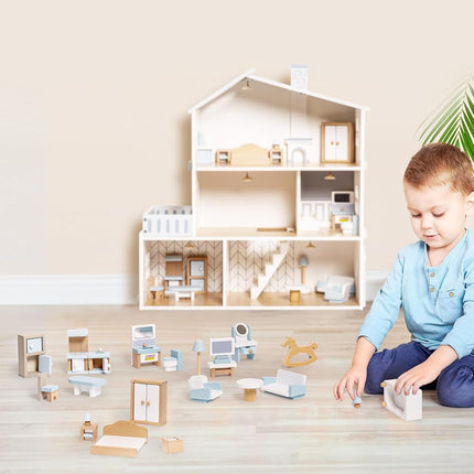 ROBUD Ensemble de Meubles en Bois pour Maison de Poupée, 23 Pièces d'Accessoires Durables pour Maison de Poupée, Jouets de Meubles de Maison de Poupée pour Garçons Filles, 3+