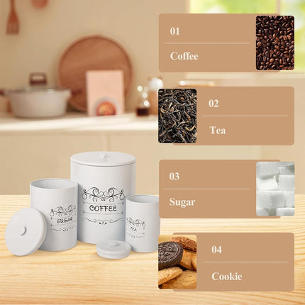 ChicHabitat – Lot de 3 boîtes de cuisine, contenants alimentaires pour comptoir, grands contenants hermétiques pour café, sucre, thé avec couvercles, décor de ferme blanc