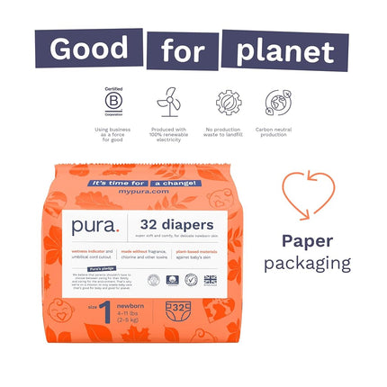 Pañales ecológicos Pura Talla 1 (1.8-5 kg) Hipoalergénicos, Suaves y Cómodos de Algodón Orgánico, Sostenibles, Indicador de Humedad, Allergy UK, Recién Nacido, Compra a granel, 6 Paquetes de 32 (192 pañales para bebé)