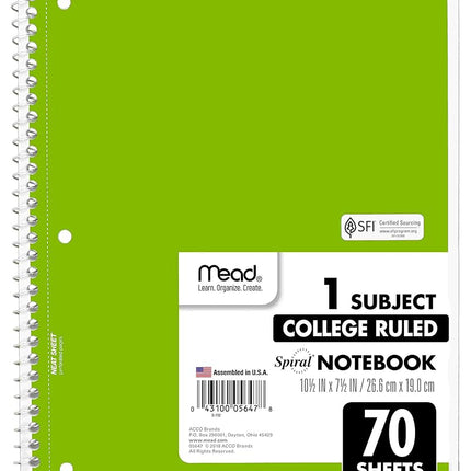 Mead Spiral Notebooks, 6 Pack, 1-Subject, College Ruled Paper, 10-1/2" x 8”, 70 Sheets per Notebook, Assorted Colors (73065)…