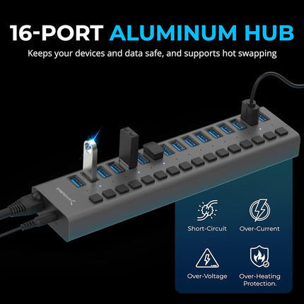 SABRENT Powered USB Hub, 16-Port USB 3.2 Docking Station