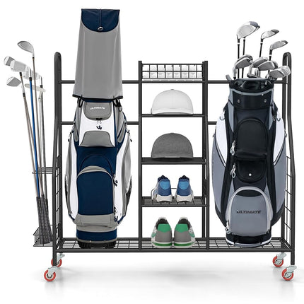 Organizador de bolsas de golf GYMAX, estante de almacenamiento con ruedas bloqueables y soporte lateral para palos, soporte para equipos extragrande para accesorios de golf (2 compartimentos)
