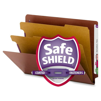 Smead 100% Recycled End Tab Pressboard Classification File Folder with SafeSHIELD Fasteners, 2 Dividers, 2" Expansion, Letter Size, Red, 10 per Box (26860)