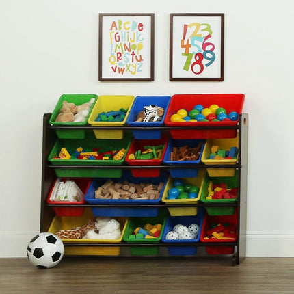 Humble Crew Children's Shelf, Toy Organiser Shelf with 16 Storage Boxes, Dark Wood/Primary