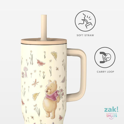 Zak Designs Disney Winnie The Pooh Sutton Travel Tumbler for On The Go, 30oz Stainless Steel with Vacuum Insulation, Silicone Straw, and Carry Handle for Cold Drinks (Pooh and Friends)