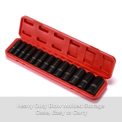 CASOMAN 1/2-Inch Drive Deep Impact Socket Set, 13 Pieces Set, 7/16"-1-1/4", CR-MO, SAE, Heavy Duty Storage Case