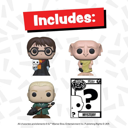 Funko Bitty POP! Harry Potter - Harry Potter™, Draco Malfoy™, Dobby™ and A Surprise Mystery Mini Figure - 0.9 Inch (2.2 Cm) Collectable - Stackable Display Shelf Included - Gift Idea - Cake Topper