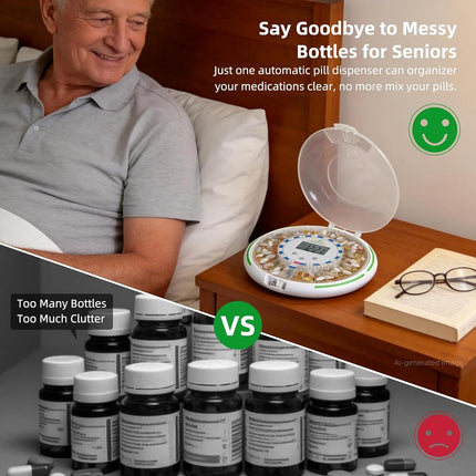 EziMedPil Automatic Pill Dispenser w/Audio & Visual Alerts, up to 6 Alarms/day, 6 Dosage Templates, Easy-Read LCD Display, Lock Medication Dispenser w/Key for Prescriptions, Vitamins & More, Clear Lid