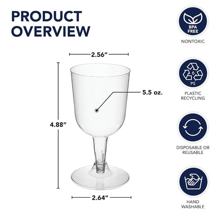 Party Essentials Hard Plastic Two Piece 5.5-Ounce Wine Glasses, Clear, Pack of 20
