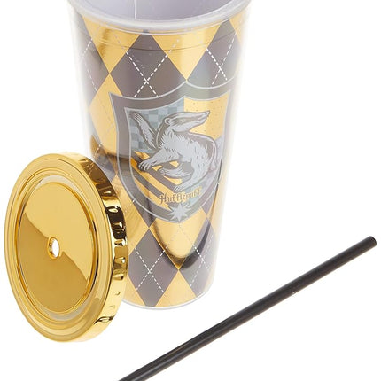 Spoontiques - Harry Potter Tumbler - Hufflepuff Foil Cup with Straw - 20 oz - Acrylic - Yellow