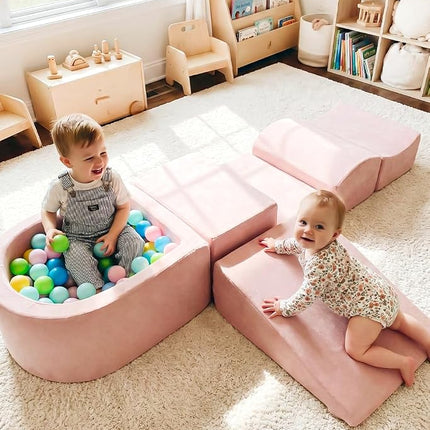 INFANS Climbing Toys for Toddlers, Foam Climbing Blocks and Ball Pit for Baby, 5pc Kids Climb and Crawl Block Activity Structure Play Set, Indoor Foam Play Gym Crawling and Sliding (Pink)