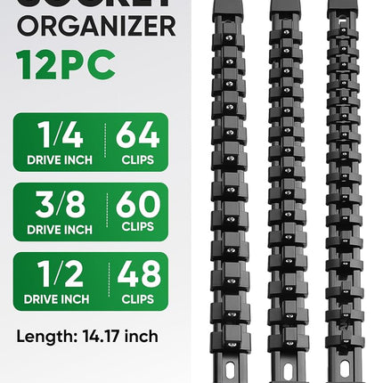ALOANES 12 PC ABS Socket Organizer,1/2 inch, 3/8 inch, and 1/4 inch Drive Socket Rail Holders, Heavy Duty Socket Racks, Black Rails with Black Clips