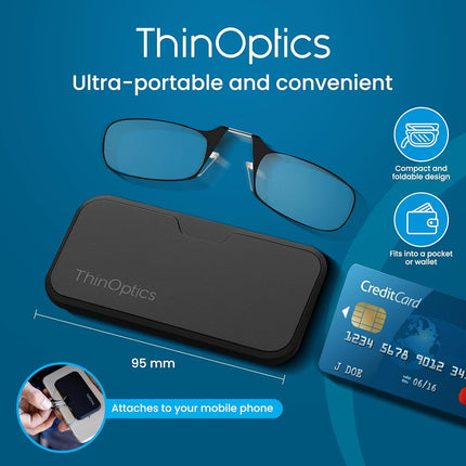 ThinOptics Folding Reading Glasses 1.00, Black, Case, for Men and Women