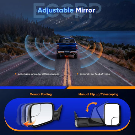 ECCPP® Black Manual adjusted Side View Mirror Tow Towing Mirrors Left & Right Pair Set Replacement fit for 94-01 Dodge Ram 1500, 94-02 Ram 2500 3500 Truck