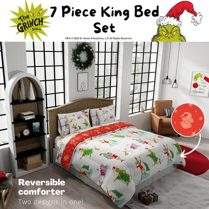 Franco Comforter and Sheet Set with Sham, Microfiber, Grinch-White + Red, 7 Piece King Size