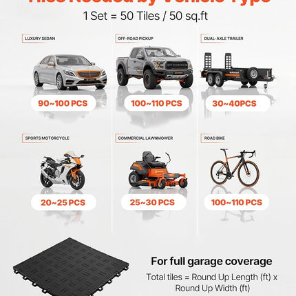 VEVOR Garage Tiles Interlocking, 12 x 12 x 0.53 inch 50 Pack Garage Floor Covering Tiles, Non-Slip Double-Sided Texture Garage Flooring Tiles, for Garages, Basements, Repair Shops, Black