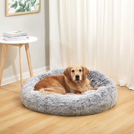 Bedfolks Calming Donut Dog Bed, 91CM Round Fluffy Dog Beds for Large Dogs, Anti-Anxiety Plush, Machine Washable Pet Bed (Dark Grey, Large)