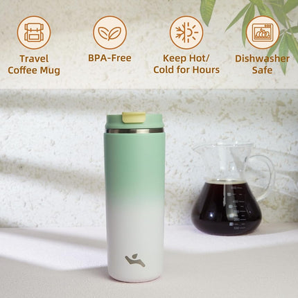 Konokyo Tumbler with Lid, 16 oz Travel Coffee Mug Double Wall Vacuum Stainless Steel Thermal Metal Cup Insulated Water Bottle,GreenWhite