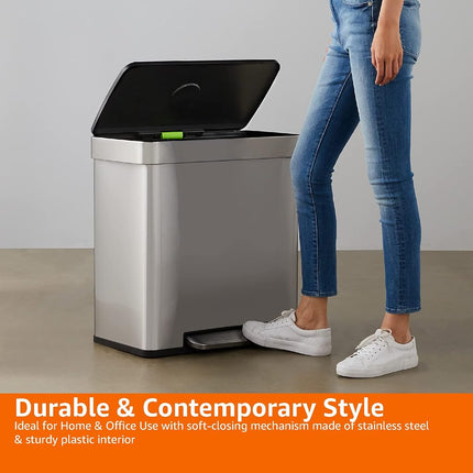 Amazon Basics Rectangular Dual Compartment Recycling Garbage Trash Can, Grey,Silver, 60 Liters