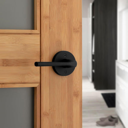 Kwikset Lisbon Interior Privacy Door Handle with Lock, Round Lever for Bathroom and Bedroom, Matte Black Reversible Keyless Push Button Lock Door Lever, with Microban Protection