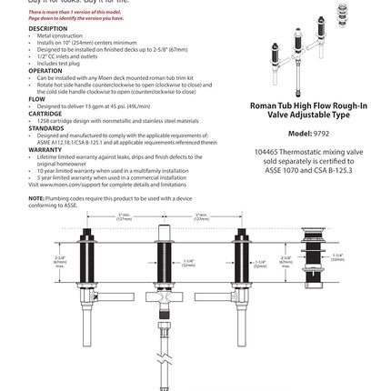 Moen 9792 Two-Handle Roman Tub Adjustable Valve with Shower Diverter, 1/2-Inch CC Connection, or Unfinished, 0.5