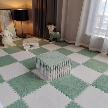 Typutomi 10pcs Plush Puzzle Foam Floor Mat, Soft Fluffy Interlocking Square Foam Tiles Area Rugs Carpet for Parlor Bedroom Decoration(11.8x11.8in, Green&White)